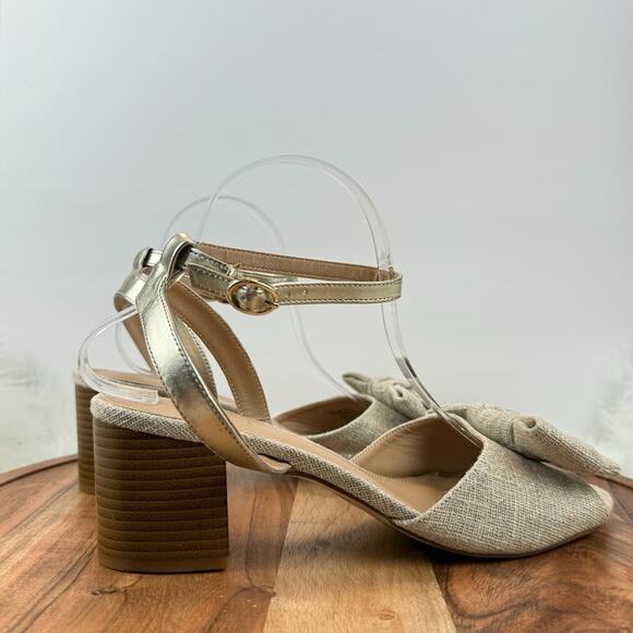 LOFT Beige Woven Bow Block Heel Ankle Strap Sz 9.5M Sandals Gold Shimmer Party - Picture 8 of 12
